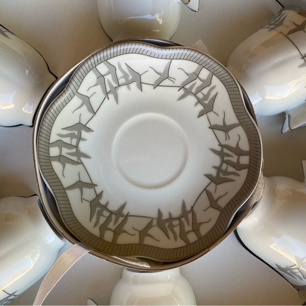 COFFEE by A.I. Vintage Espresso Porcelain Set of 6 Cups&Saucers White Silver NEW - Picture 7 of 8